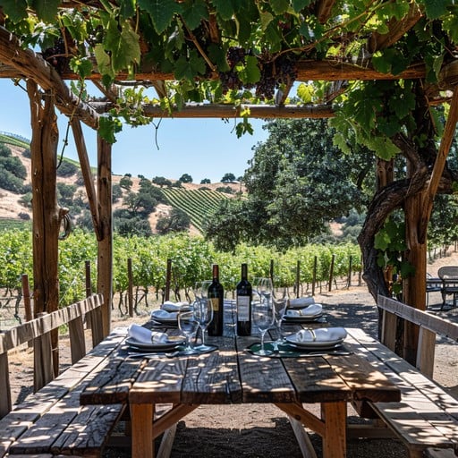 Outdoor vineyard dining table set for lunch under a pergola with vineyard views