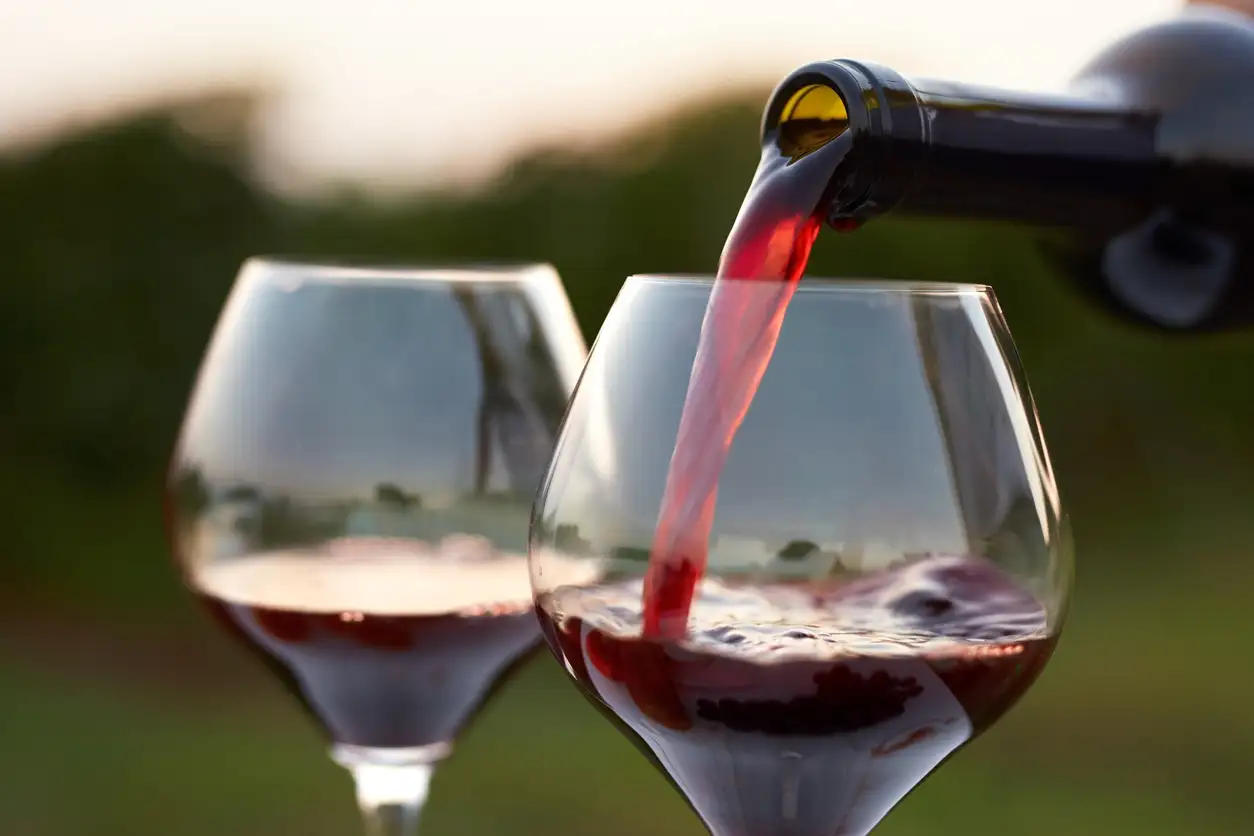 Wine being poured into glasses at a vineyard tasting